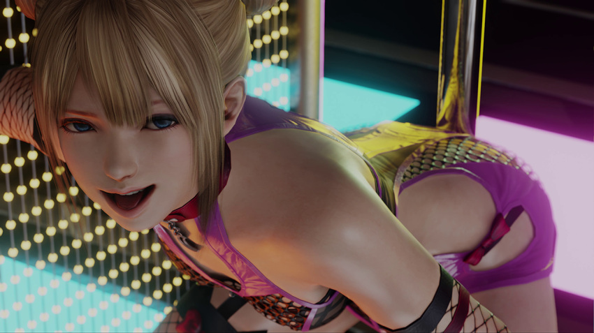 1girls 3d 3d_(artwork) bent_over blonde_hair blue_eyes dead_or_alive female female_only hairbuns kishi looking_at_viewer marie_rose naughty_face open_mouth purple_dress smile smug solo sticking_out_tongue strip_club stripper_pole teasing teenager