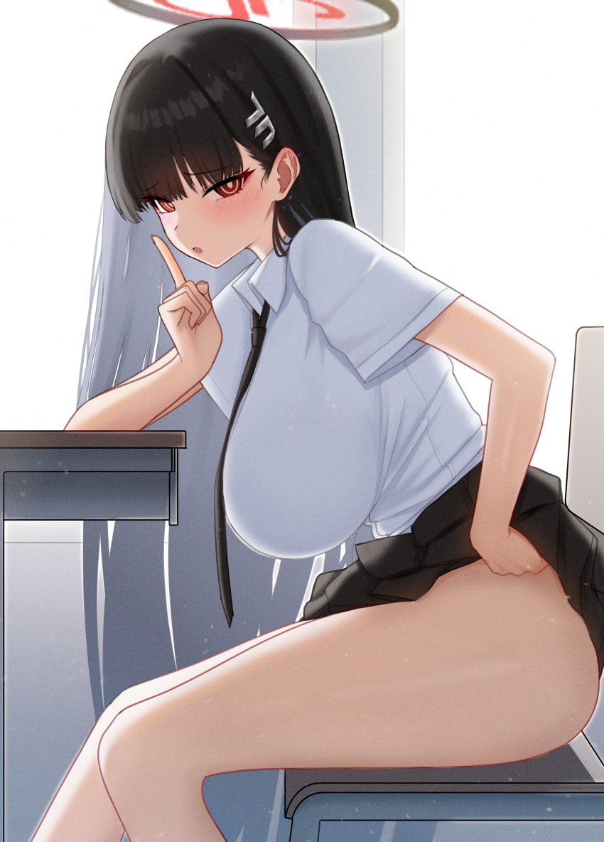 1girls absurdres alternate_costume bangs bare_legs big_breasts black_and_red_halo black_hair black_necktie black_tie blue_archive blunt_bangs blush blush_lines blushing_at_viewer breasts bright_pupils chair classroom clothes_lift desk embarrassed eyebrows_visible_through_hair feet_out_of_frame finger_to_mouth flashing from_side hair_ornament hairpin halo highres huge_breasts large_breasts light-skinned_female light_skin long_hair looking_at_viewer mechanical_halo mijikayo millennium_science_school_logo_(blue_archive) millennium_science_school_student necktie no_panties open_mouth pleated_skirt red_eyes rio_(blue_archive) school_chair school_desk school_uniform seminar_(blue_archive) seminar_president shirt short_sleeves shushing sitting sitting_on_chair skirt skirt_lift solo straight_hair student_council_president thighs tie uniform very_long_hair white_shirt