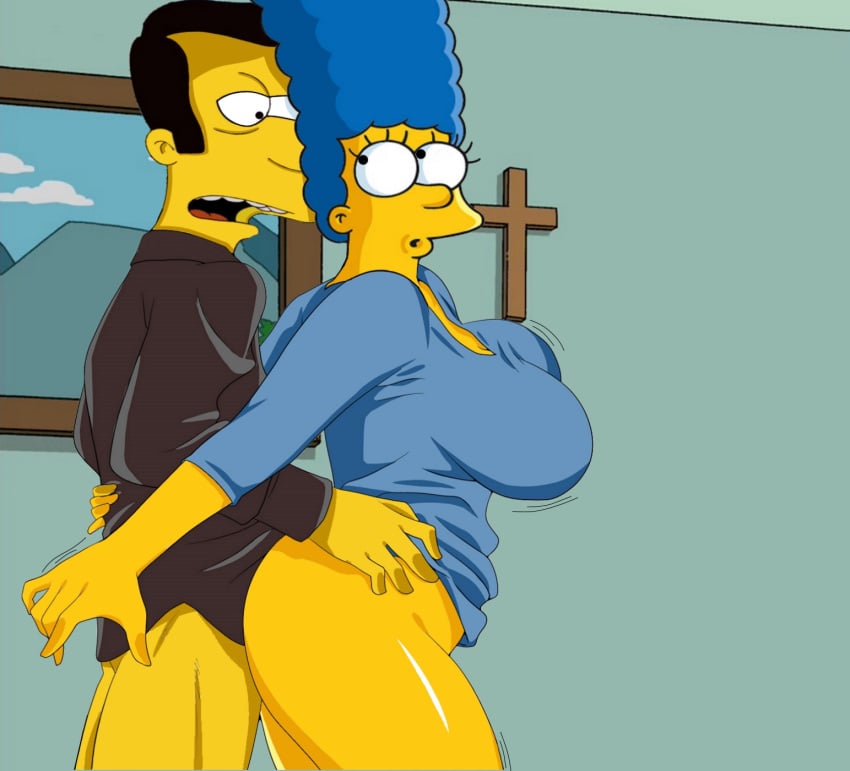 adultery affair blue_hair breasts cheating cheating_husband cheating_wife christian_cross cross fjm from_behind functionally_nude jiggle jiggling_breasts looking_at_partner looking_back male marge_simpson priest shirt shirt_only tagme the_simpsons timothy_lovejoy yellow_body yellow_skin