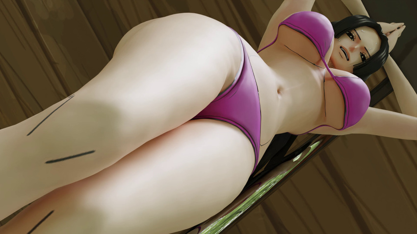 3d_(artwork) bikini black_hair blue_eyes boa_hancock female female_only huge_breasts kishi long_hair looking_at_viewer nervous_smile one_piece purple_bikini stipper_pole strip_club sweating thick_thighs