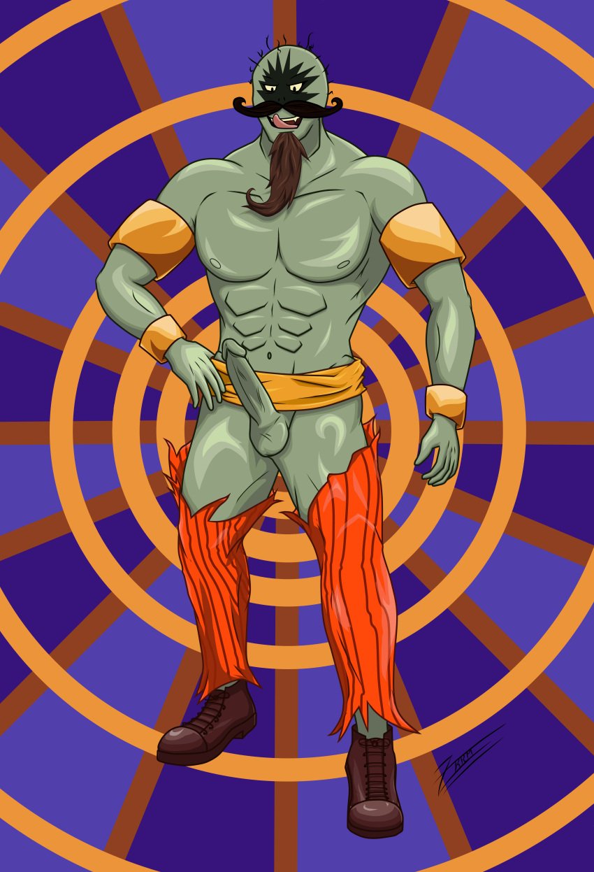 1boy abs balls bara beard bracelet erect_penis firebreather_zombie mostly_nude moustache muscular penis plants_vs_zombies plants_vs_zombies_2:_it's_about_time solo standing torn_clothes torn_pants zkurym zombie