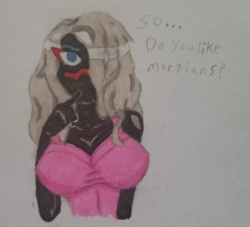 alien alien_girl alien_humanoid black_body dialogue drawn duck_dodgers facial_mark looney_tunes martian martian_(duck_dodgers) pink_clothing queen_tyr'ahnee trapknight warner_brothers