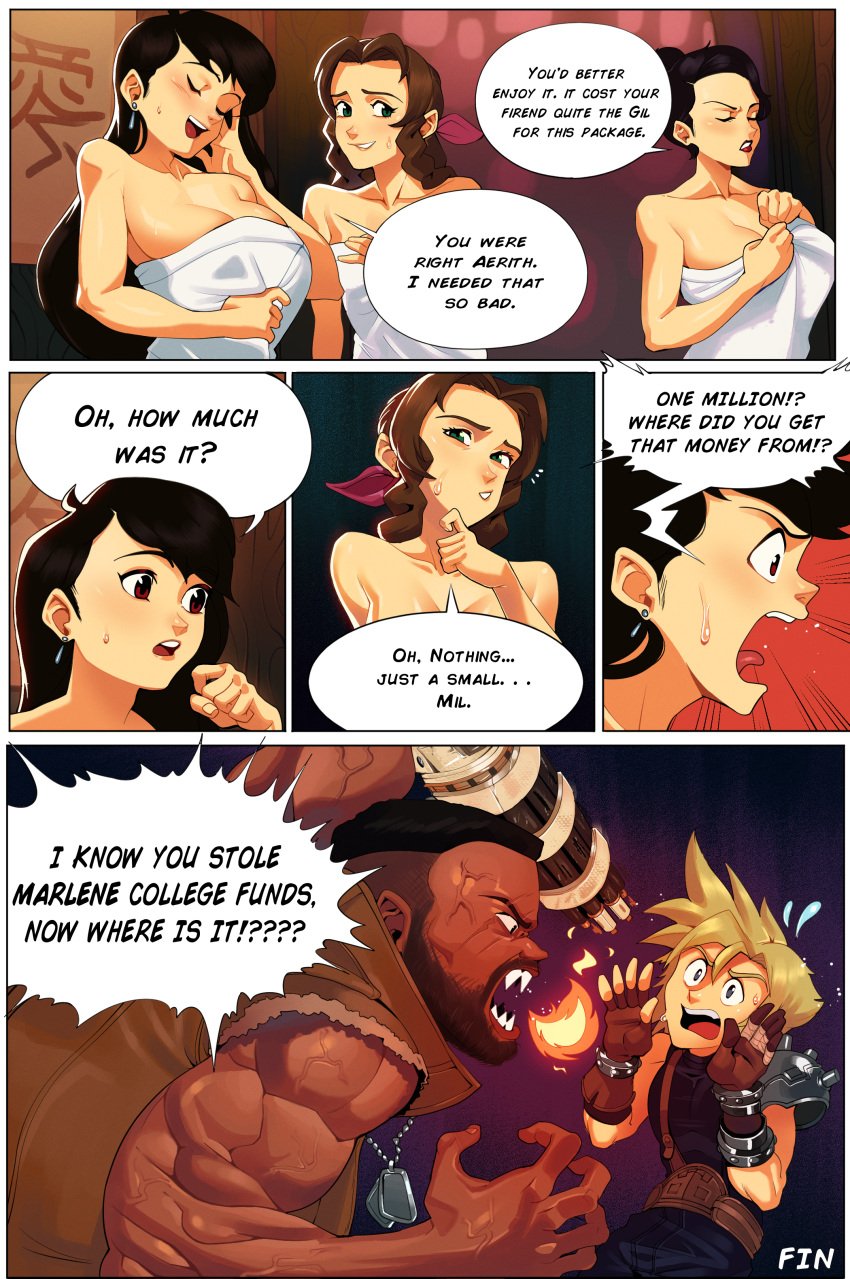 2boys 3girls aerith_gainsborough angry barret_wallace black_hair blonde_hair brown_hair cleavage cloud_strife end_page english_text final_fantasy final_fantasy_vii humor madam_m naked_towel post_sex tifa_lockhart timbocactus towel