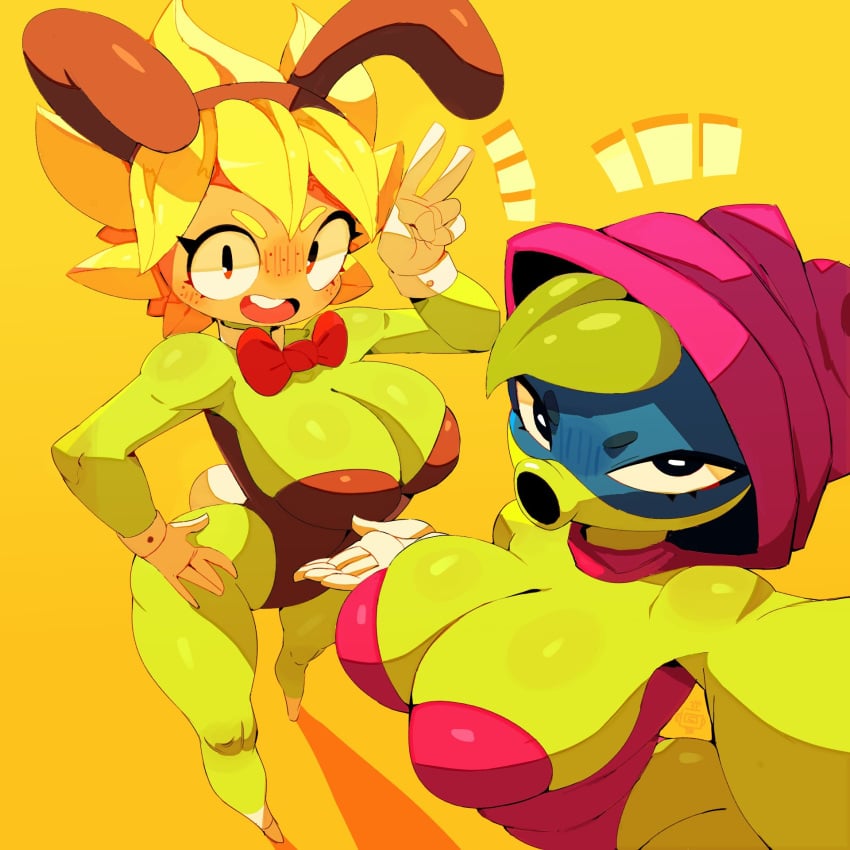 2girls :> adorable anthro ass breasts bunny_costume bunny_ears bunnysuit cleavage cute electronic_arts flower flower_creature flower_humanoid green_shadow_(pvz) huhujujuy looking_at_camera looking_at_viewer mask masked masked_female open_mouth peace_sign peashooter_(pvz) plant plant_girl plants_vs_zombies plants_vs_zombies:_heroes popcap_games selfie solar_flare_(pvz) sunflower sunflower_(pvz) tight_fit v wholesome