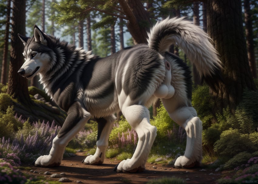 ai_generated alaskan_malamute anus attempted_signature balls big_feet black_nose blp canid canine canis cheek_tuft day detailed detailed_background detailed_fur domestic_dog ears_up facial_tuft feet feral flower fur genitals grey_body grey_fur hi_res light long_snout looking_back low-angle_view male mammal multicolored_body multicolored_fur neck_tuft nordic_sled_dog outside perineum pink_anus plant puffy_anus raised_tail realistic rock snout solo spitz sunlight tuft whisker_spots white_balls white_body white_fur white_perineum