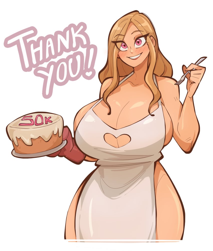 1girls apron apron_only barely_clothed big_breasts blonde_female blonde_hair blonde_hair_female blush_lines blushing blushing_at_viewer breasts cake food functionally_nude functionally_nude_female happy happy_female hourglass_figure huge_breasts light-skinned_female light_skin looking_at_viewer original_character pink_eyes saucymojo tall_female tall_girl tall_woman tatiana_arkwright_(saucymojo) wide_hips