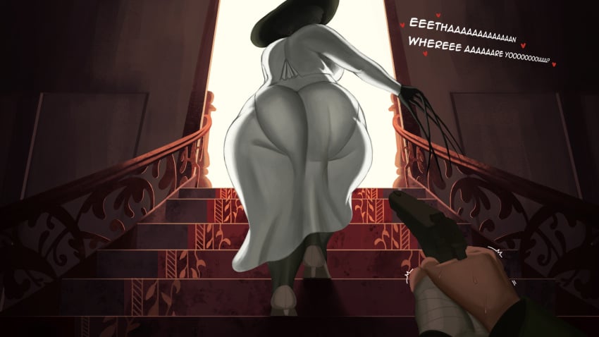 1female 1girls alcina_dimitrescu ass back_view big_ass big_butt black_hair curvaceous curvy curvy_figure dat_ass endremora ethan_winters fat_ass huge_ass large_ass milf mother pale-skinned_female pale_skin resident_evil resident_evil_8:_village sweat voluptuous voluptuous_female wide_hips wide_thighs