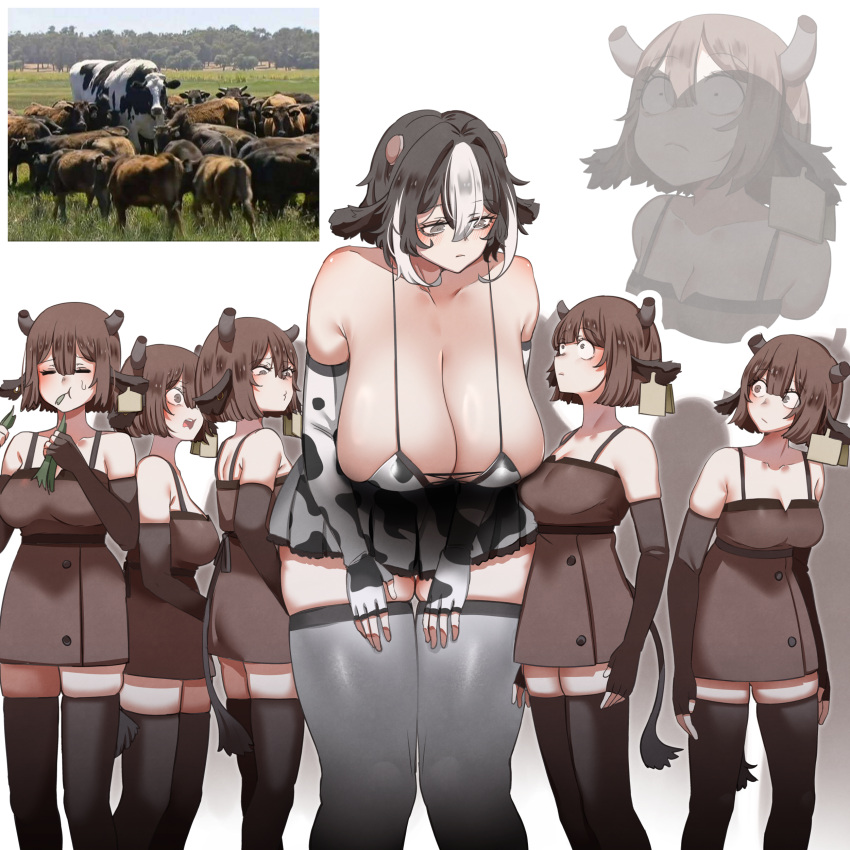 6+girls absurdres animal_ears animal_print at2. black_hair bovine breasts brown_dress brown_hair brown_thighhighs collarbone cow_ears cow_girl cow_horns cow_print cow_tail cowboy_shot distracted_boyfriend_(meme) dress ear_tag eating elbow_gloves expressionless fingerless_gloves frown gloves grass grey_hair hands_up highres horns huge_breasts leaning_forward meme milf multicolored_hair multiple_girls original pleated_skirt reference_inset sanpaku scene_interpretation short_hair sidelocks simple_background skindentation skirt streaked_hair tail thighhighs thighs white_background white_hair white_skirt