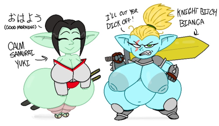 asian asian_mythology bianca big_areola big_ass big_belly big_breasts big_butt big_nipples big_thighs black_hair blonde_hair goblin goblin_female samurai theslashfive warrior yuki