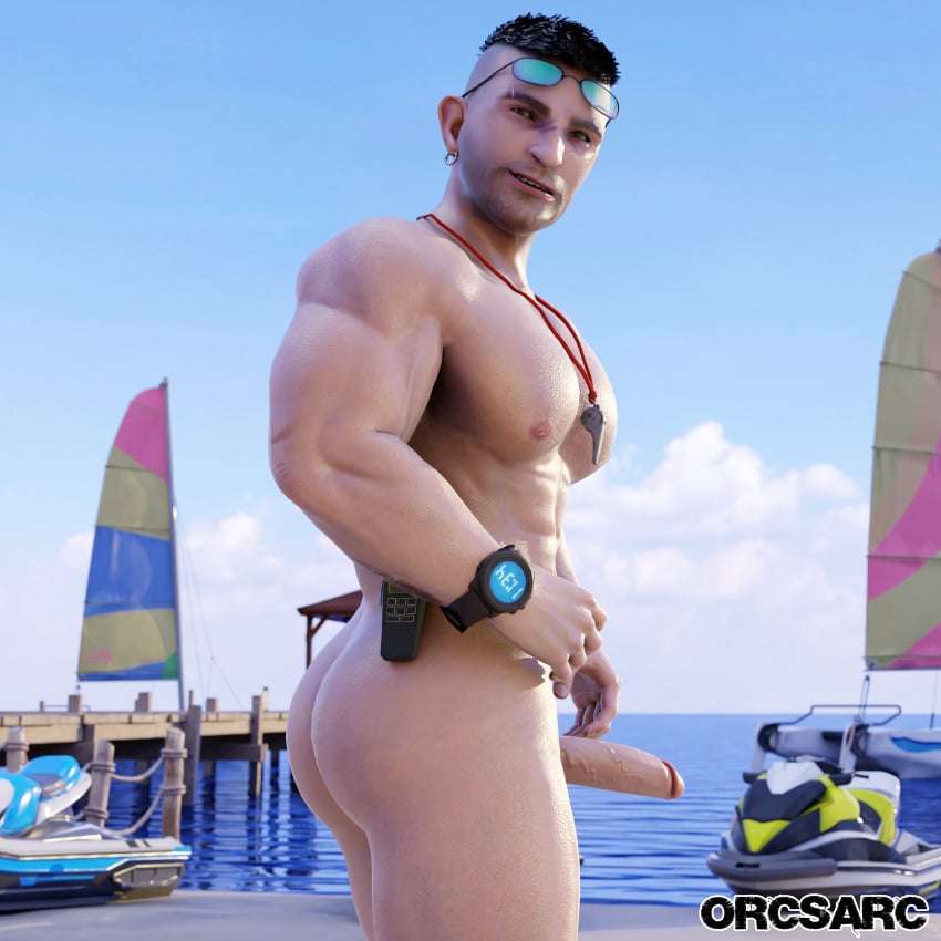 3d 3d_(artwork) bara beach david_king dead_by_daylight gay muscles muscular muscular_male orcsarc sunglasses sunglasses_on_head