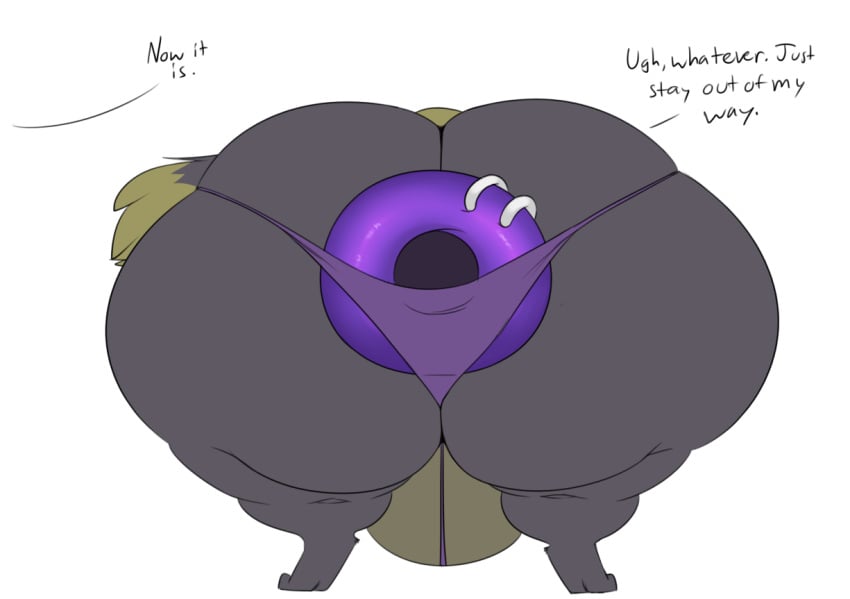 2023 anal_piercing anthro anus ass big_butt butt_expansion canid dialogue digital_media_(artwork) digitigrade english_text expansion female huge_butt hyper hyper_butt mammal offscreen_character piercing purple_anus robertge simple_background solo text white_background