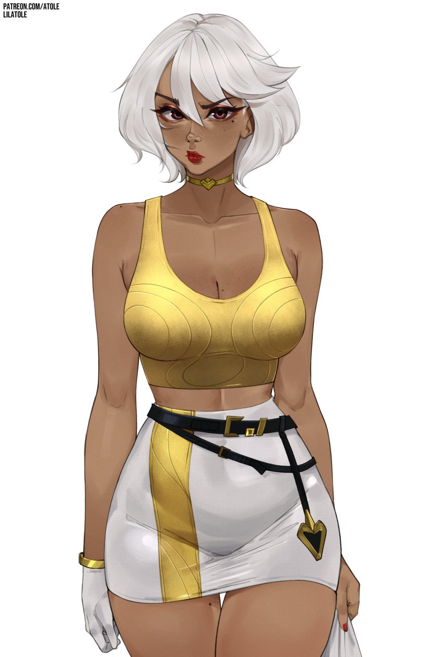 1girl 1girls aphrodite aphrodite_(fortnite) artist_name artist_website belly belly_button belt belt_buckle big_breasts black_eyebrows breasts cleavage confused_look dark-skinned_female dark_skin fat_breasts fat_thighs fortnite fortnite:_battle_royale freckles golden_bra golden_clothing greek_mythology hi_res high_resolution highres huge_breasts large_breasts lilatole looking_at_viewer mole mole_on_breast mole_under_eye necklace not_impressed one_glove plump_thighs red_eyes red_lipstick shoulder_length_hair sports_bra thick_thighs thighs website_logo white_gloves white_hair white_skirt