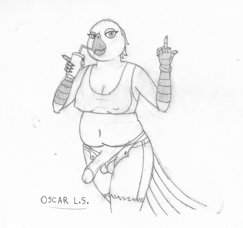 1futa 2020 anthro avian balls balls_in_panties beak bird blue_macaw blue_sky_studios breasts carla_(rio) clothed clothing fur futanari genitals gynomorph hi_res intersex looking_at_viewer monochrome panties penis rio_(series) simple_background slightly_chubby smile solo solo_futa traditional_media_(artwork) underwear