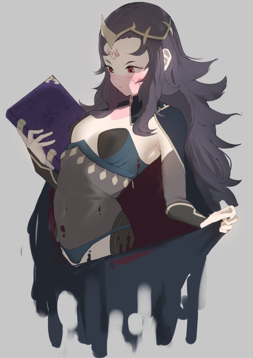 1girls armpits bare_thighs black_cape black_hair blue_panties bodystocking book breasts cape facial_mark female female female_only fire_emblem fire_emblem_fates highres holding holding_book inner_thighs mouth_veil nintendo nyx_(fire_emblem) panties red_eyes saikoro0306 see-through small_breasts solo thighs underwear veil