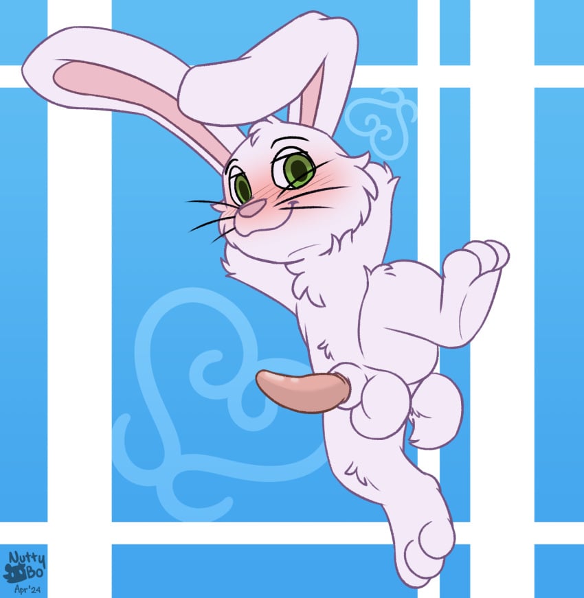 animal_genitalia balls blush erection fur genitals hi_res lagomorph legs leporid looking_at_viewer mammal nutty_bo original_character penis presenting rabbit simple_background smile spread_legs spreading tail tapering_penis white_body white_fur