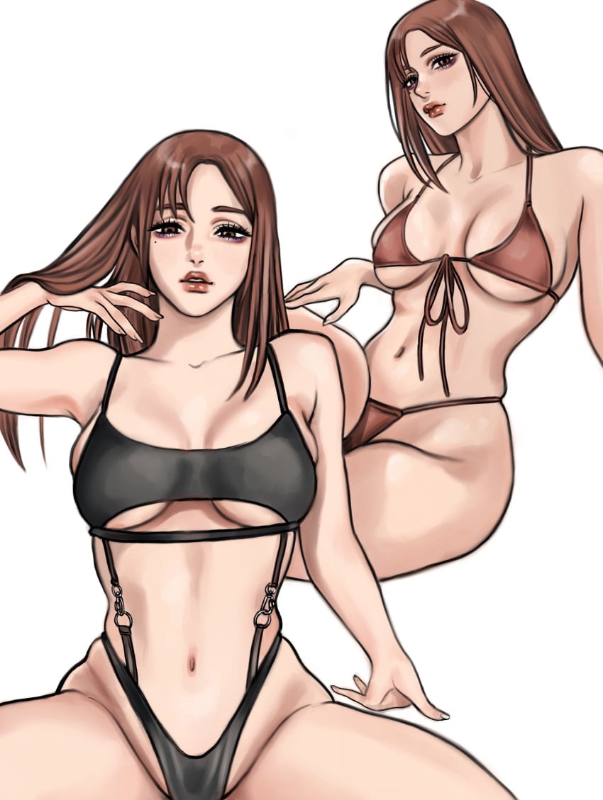 1girls belly_button bikini brown_hair busty curvy female female_only imeko_san jujutsu_kaisen long_hair looking_at_viewer mole mole_under_eye multiple_poses shoko_ieiri solo thick_thighs white_background