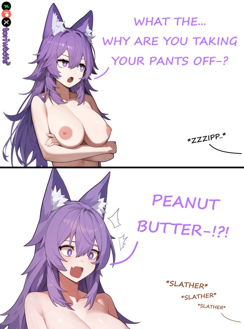 1girls :o ai_generated big_breasts brat breasts comic comic_page curvy cute dog_ears dog_girl doggirl fang female female_focus female_only highres hips huge_boobs huge_breasts humor kemonomimi light_skin light_skinned_female long_hair naked naked_female nude nude_female patreon_username petgirl purple_ears purple_eyes purple_hair purple_tail speech_bubble thick_thighs thighs tori toriwoofs watermark wavy_hair white_background white_skin white_skinned_female wide_hips wolf_ears