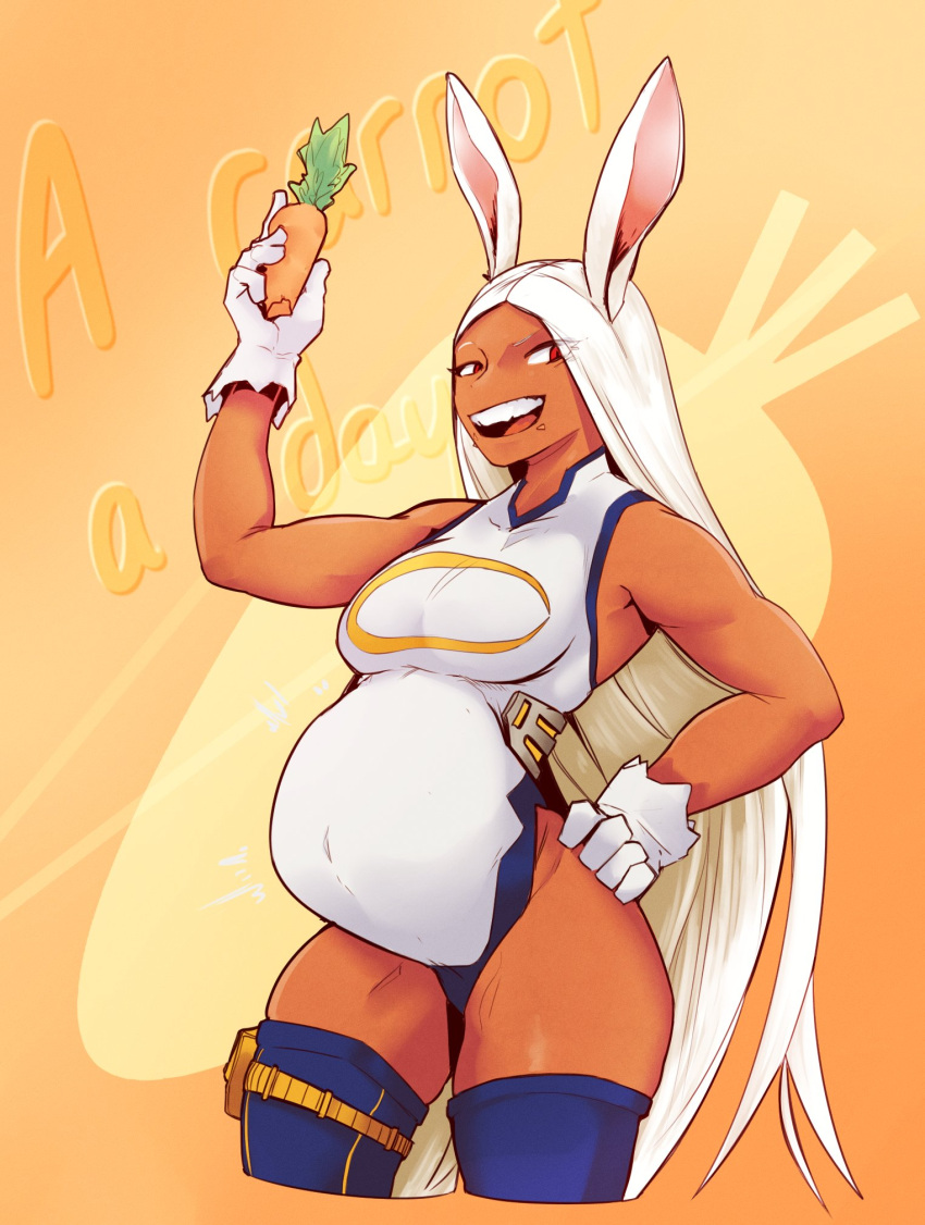 1girls belly cantankeravian fat female miruko my_hero_academia obese rabbit_ears red_eyes rumi_usagiyama tan_body thighs white_hair