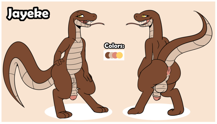 2020 anthro anus backsack balls brown_body duo english_text foreskin forked_tongue front_view genitals male model_sheet narrowed_eyes not_a_furfag nude open_mouth penis rear_view reptile scales scalie serpentine simple_background slightly_chubby snake standing tan_background text tongue tongue_out uncut yellow_eyes