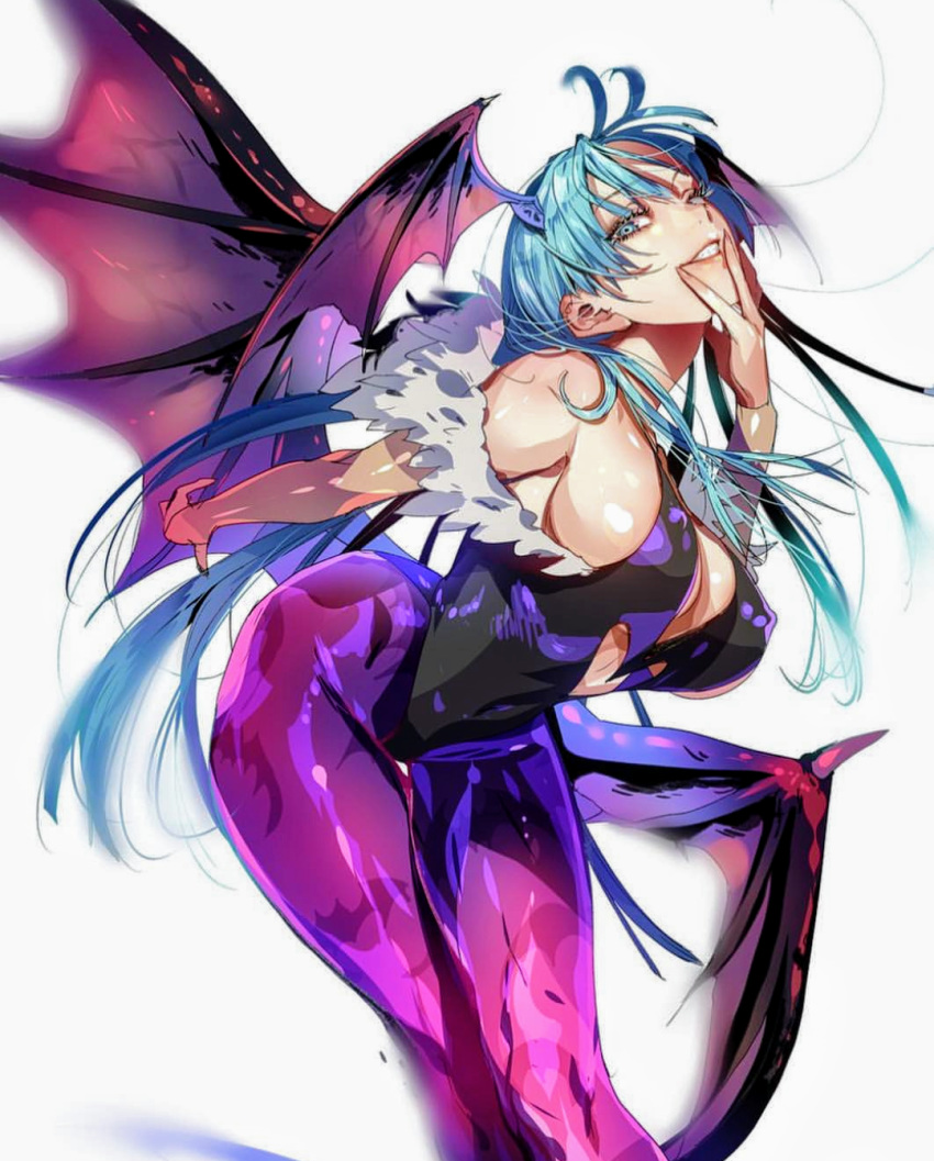 bat_wings blue_eyes blue_hair breasts clothing darkstalkers erect_nipples erect_nipples_under_clothes fingers head_wings large_breasts morrigan_aensland posing succubus takaraizu tight_clothing voluptuous white_background winking