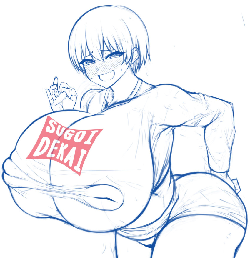 aged_up bent_over blush curvy fellatio_gesture hand_on_hip huge_breasts looking_at_viewer nipple_piercing nipples_visible_through_clothing oerba_yun_fang rinsu short_hair sketch thick_thighs uzaki-chan_wa_asobitai! uzaki_hana