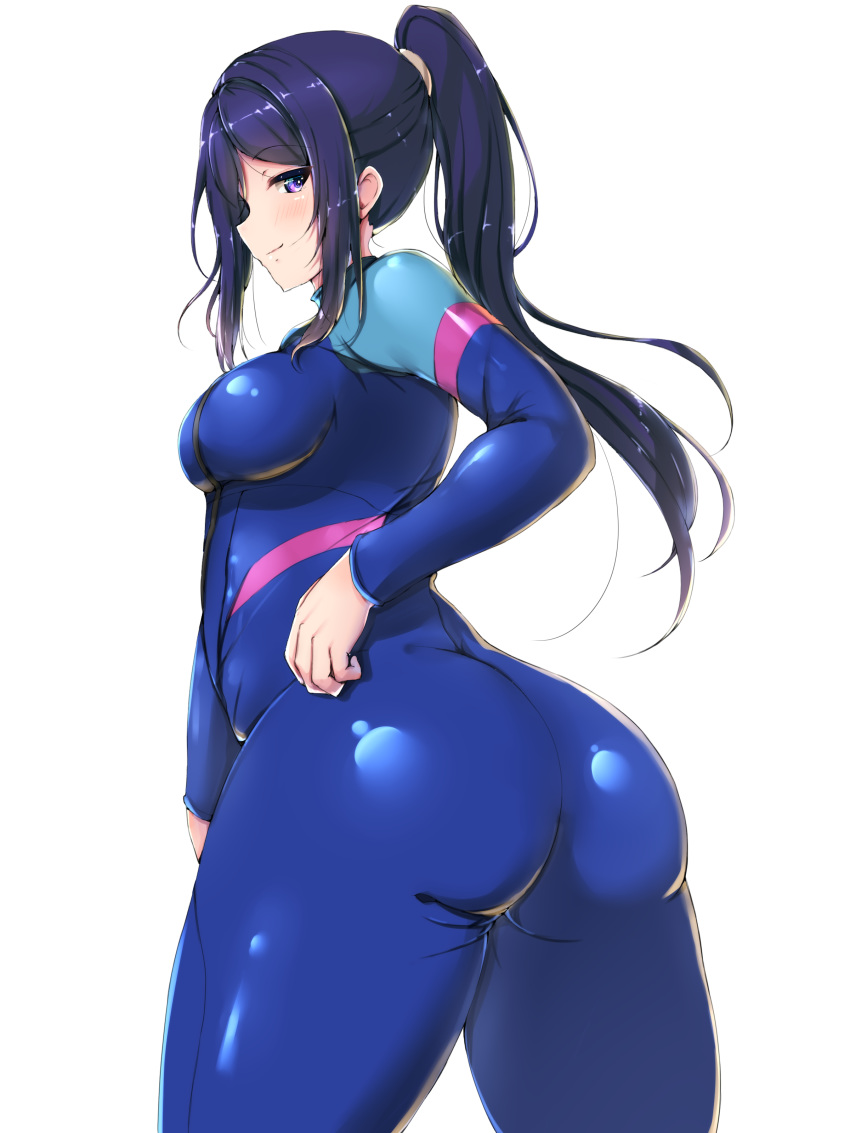 1girls alternate_breast_size ass big_ass blue_hair bodysuit boobs_and_butt_pose breasts eye_contact female female_only long_hair looking_at_viewer love_live! love_live!_sunshine!! matsuura_kanan png ponytail purple_eyes shinonon shinonon_(iso_shino) smile solo thick_thighs thighs wetsuit white_background