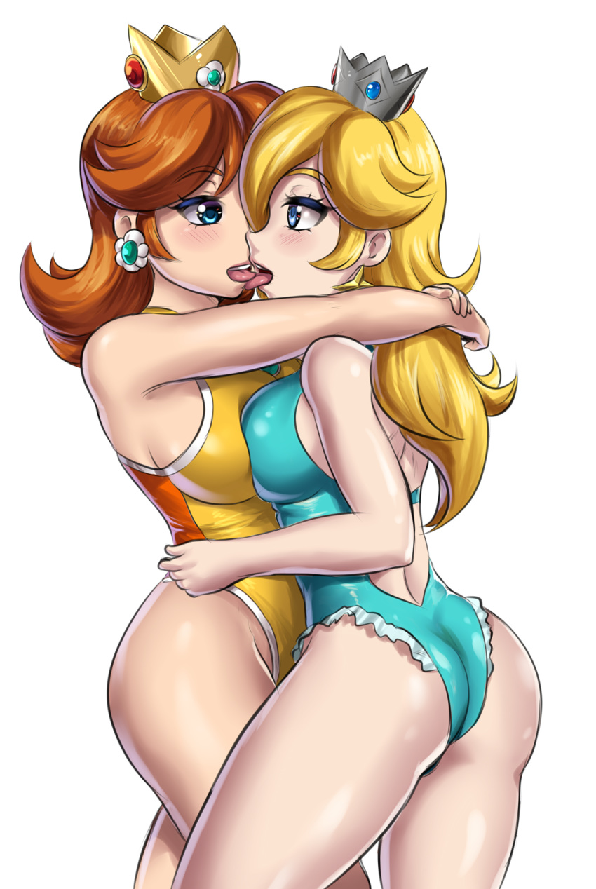 2girls alternate_breast_size arms_around_neck ass back bare_arms bare_legs big_breasts blonde_hair blue_eyes blush breast_press breasts breasts_to_breasts clothing crown duo earrings eye_contact eyebrows_visible_through_hair female_only flower_earrings ginger_hair half-closed_eyes kissing large_breasts leonart leotard lesbian light-skinned_female light_skin lips long_hair mario_(series) mario_and_sonic_at_the_olympic_games nintendo nipples princess_daisy princess_rosalina shoulder_length_hair sleeveless_leotard star_earrings swimsuit symmetrical_docking thick thick_thighs thighs tongue tongue_kiss tongue_out white_background wide_hips wrist_grab yuri