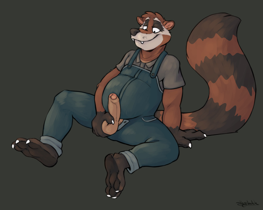 5:4 anthro avoid_posting ball_fondling balls clothing erection fondling genitals male male_only mammal overalls overweight overweight_male procyonid raccoon ripley_cooney_(character) slightly_chubby solo unknown_artist