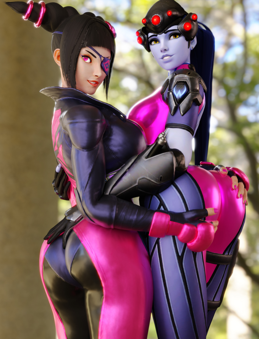 2girls 3d adeptusinfinitus ass ass_grab blender bodysuit drill_hair eyepatch female female_only gloves juri_han overwatch ponytail purple_eyes skin_tight smile street_fighter suggestive thighs widowmaker yellow_eyes