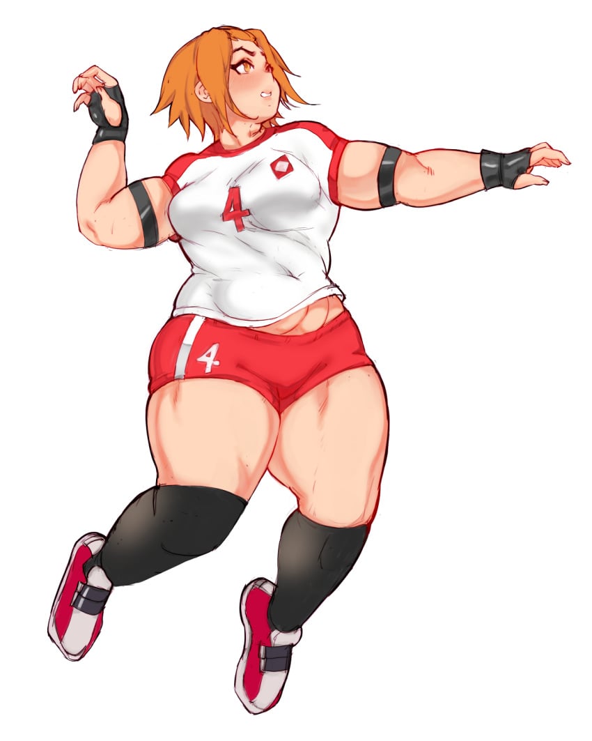 biceps black_kneehighs brown_hair human human_only jumping k-on! keigi_(artist) muscular muscular_female ritsu_tainaka_(k-on!) short_hair sneakers sportswear thick_thighs volleyball_shorts volleyball_uniform