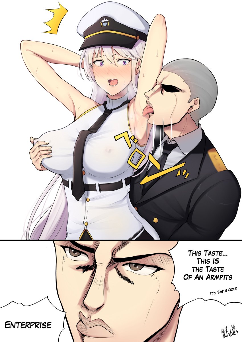 1boy 1girls 2019 2koma absurd_res armpit_licking armpits arms_behind_head arms_up artist_name azur_lane band-width bangs bare_arms bare_shoulders belt blush breast_grab breasts comic commander_(azur_lane) eagle_union_(azur_lane) english_text engrish enterprise_(azur_lane) erect_nipples eyebrows_visible_through_hair female female_protagonist gloves grabbing hat highres hirohiko_araki_(style) jojo_reference large_breasts licking light-skinned_female light-skinned_male light_skin long_hair male meme military military_hat military_uniform necktie no_bra open_mouth parody peaked_cap purple_eyes ranguage serious shaved_head shirt signature silver_hair simple_background sleeveless sleeveless_shirt surprised sweat text uniform very_long_hair white_background