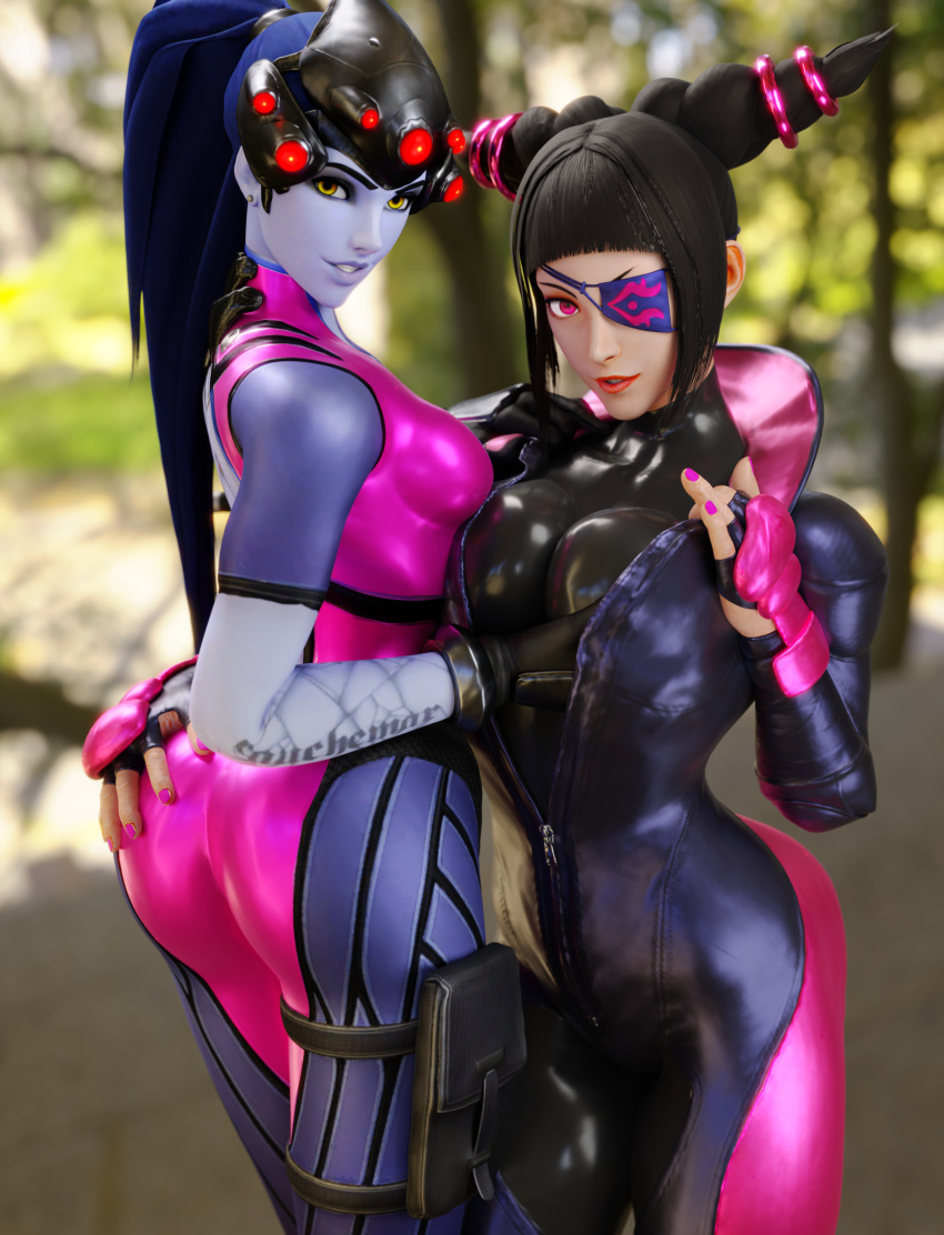 3d adeptusinfinitus ass ass_grab blender bodysuit breast_grab breasts cleavage drill_hair eyepatch female female_only gloves juri_han latex overwatch ponytail purple_eyes skin_tight smile street_fighter suggestive thighs widowmaker yellow_eyes