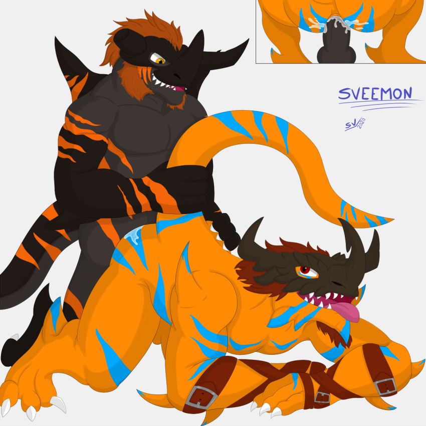 1:1 anthro arnes black_body black_scales blue_body blue_scales bodily_fluids ceratosaur ceratosaurid ceratosaurus cum cum_inside digimon digimon_(species) dragon duo ejaculation facial_hair facial_markings fan_character fangs feral genital_fluids genitals geogreymon head_markings hi_res horn horn_fetish horn_in_mouth horn_play humanoid male male/male male_penetrated male_penetrating male_penetrating_male markings muscular muscular_male orange_body orange_scales penetration penis scales sex sveemon tongue