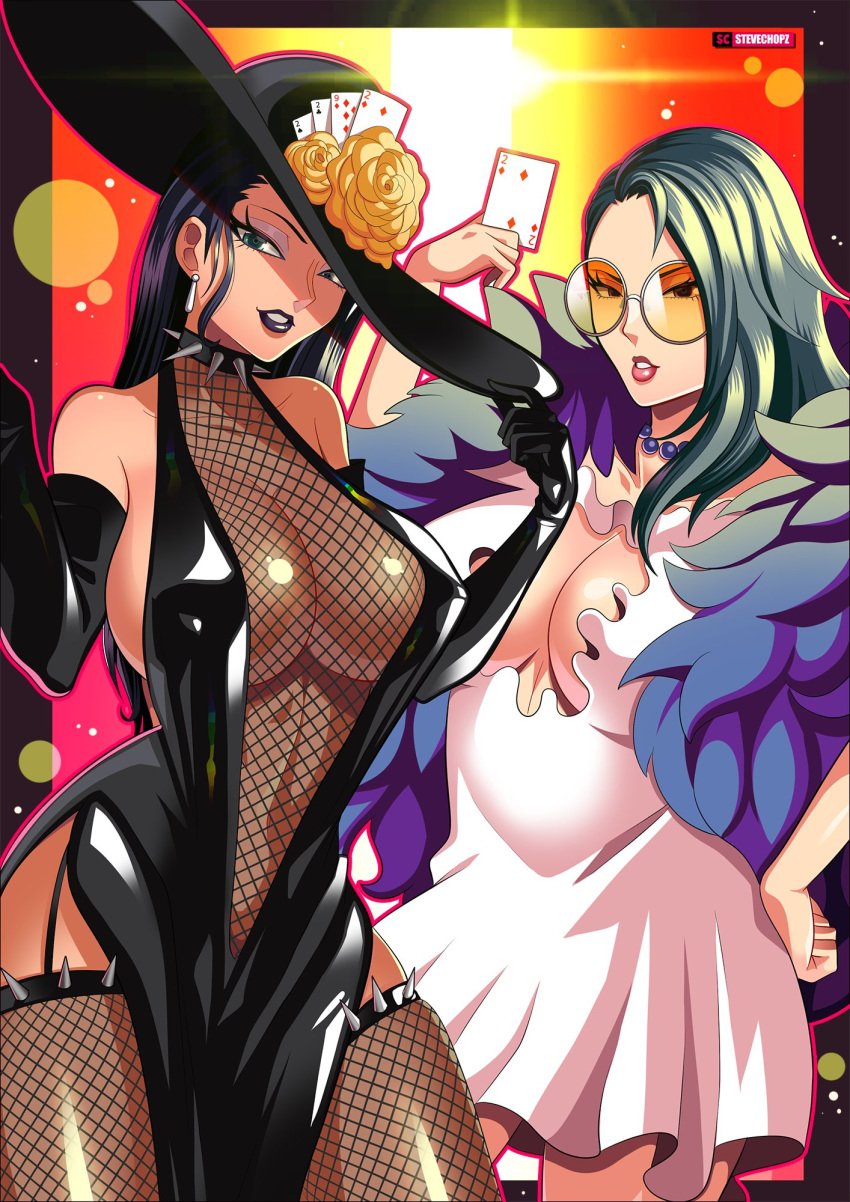 2girls atlus big_breasts black_dress black_hair black_lipstick blue_eyes clothes_swap clothing_swap cosplay crossover dress elbow_gloves eyeshadow feather_boa female female_only fishnet_dress fishnet_stockings garter_straps glasses gloves grey_hair latex latex_gloves lipstick long_hair makeup mature_female megami_tensei multiple_girls nico_robin nico_robin_(cosplay) nipples one_piece one_piece_film_gold orange-tinted_eyewear persona persona_5 playing_card sae_niijima sae_niijima_(cosplay) shadow_sae spiked_collar spiked_thighlet stevechopz sunglasses tinted_eyewear wearing_others_clothes white_dress