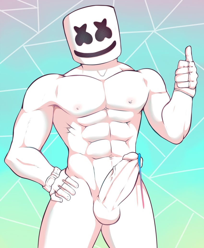 1boy abs bara big_penis chris_comstock cum edm erection feet_out_of_frame fermrviper gay male male_only marshmello mask masked muscles muscular muscular_male musician penis real_person simple_background solo thumbs_up unusual_cum white_body white_skin