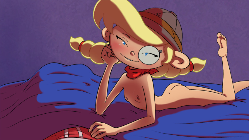 1girls ass blonde_hair blue_eyes breasts codename:_kids_next_door female hat henrietta_von_marzipan monocle nipples nude small_breasts smooth_skin solo young