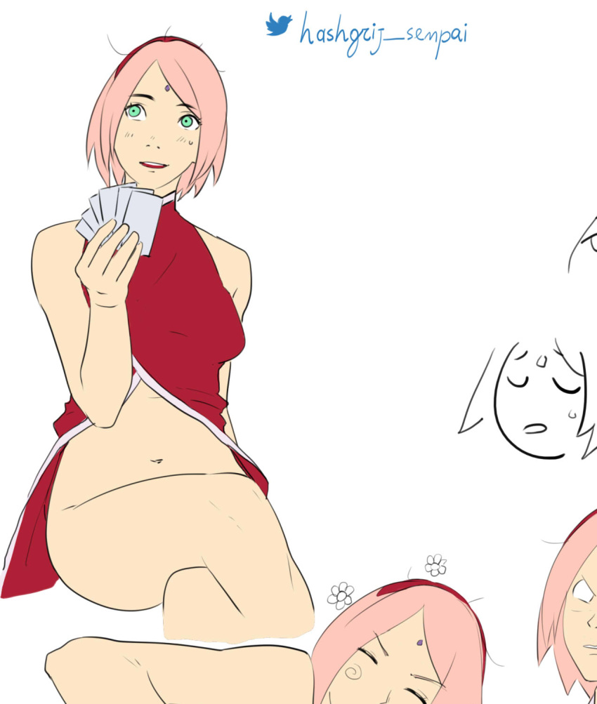 1girls blush boruto:_naruto_next_generations card crossed_legs female green_eyes half-dressed hashgrij_senpai legs looking_away naruto nervous pink_hair sakura_haruno smile solo sweatdrop