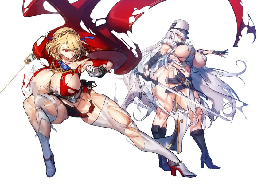 2girls abs angry azur_lane blonde_hair braided_hair cape hair_ribbon hat high_heels huge_breasts huge_thighs legs massive_breasts melon22 military_uniform multiple_girls muscular_female muscular_thighs naughty_face nipple_bulge prince_of_wales_(azur_lane) red_eyes ripped_clothing seductive silver_hair sovetskaya_rossiya_(azur_lane) sword thick_thighs