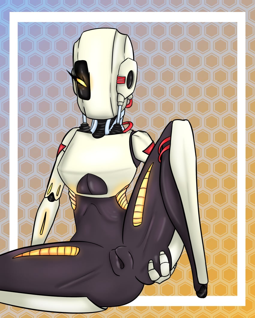 1_eye big_breasts blush breasts english_text female glados grey_body kosa kosa lactation nipples orange_eyes pink_areola pink_nipples portal_(series) pussy robot solo valve video_games