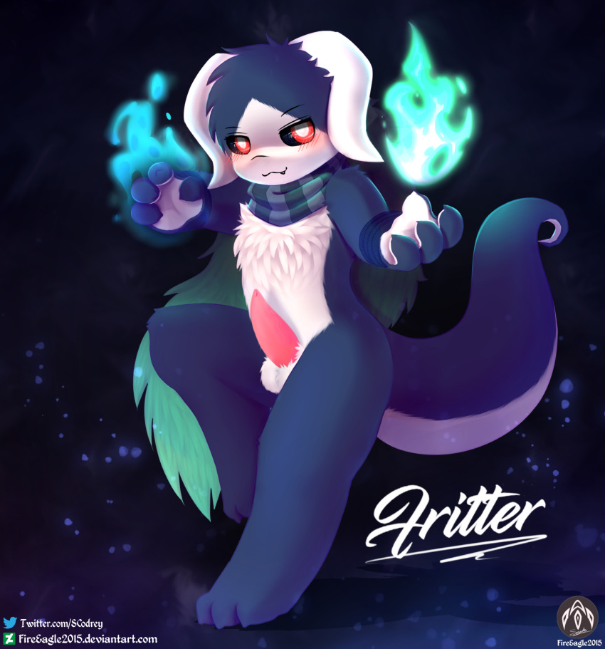 anthro balls blush claws fangs fire fritter genitals hi_res magic male male_only penis power scarf senz solo standing text url