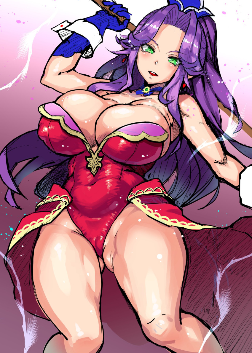 angela angela_(seiken_densetsu_3) angela_(trials_of_mana) breasts cameltoe cleavage green_eyes highres huge_breasts large_breasts naughty_face pokkora purple_hair seductive seductive_smile seiken_densetsu seiken_densetsu_3 smile staff thick_thighs thighs trials_of_mana