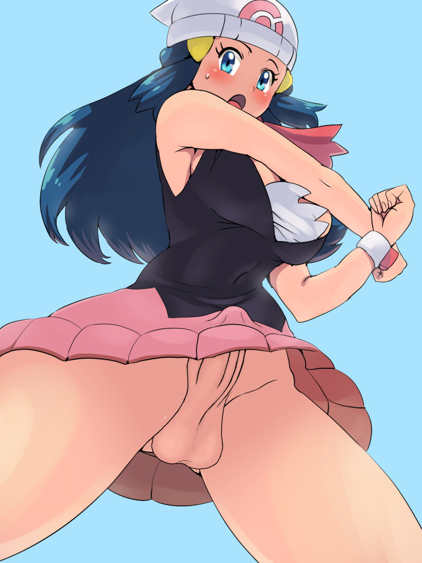 1futa alternate_breast_size ass big_breasts blue_background blue_eyes blue_hair blush boris_(noborhys) bottomless breasts bulge cleavage dawn_(pokemon) edit erection erection_under_clothes futa_only futanari huge_breasts human intersex large_breasts littlemedecine looking_at_viewer nintendo no_panties open_mouth penis pokemon pokemon_dppt skirt skirt_bulge solo testicles thick_thighs thigh_gap upskirt wide_hips