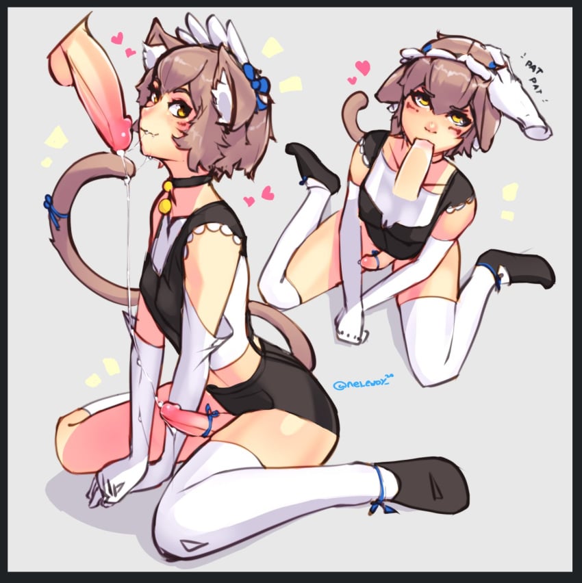 2boys animal_ears blowjob brown_hair cat_tail catboy choker cum cum_drip cum_in_mouth cum_on_face cum_on_penis domination felix_argyle fellatio femboy gay heart looking_up maid maid_outfit maid_uniform male male_only nelewdy nelody oral penis penis_in_mouth penis_out re:zero_kara_hajimeru_isekai_seikatsu simple_background small_penis tail thighhighs trap yaoi yellow_eyes