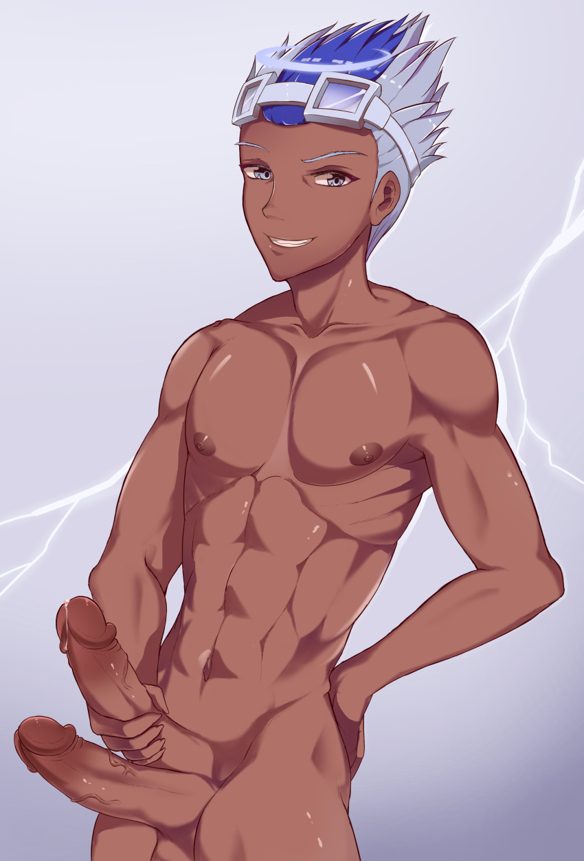 abs angle blue_hair dark-skinned_male failuu goggles_on_head looking_at_viewer male male_only multiple_penises naked original_character precum silver_hair spiky_hair stroking thunder_strike_(thundah-strike) transformation