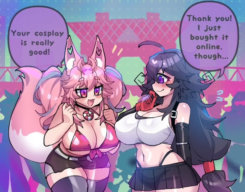 2girls azur_lane bikini_top black_hair blush bremerton_(azur_lane) cosplay crawling dark_hair english_text female female_only final_fantasy final_fantasy_vii fox_ears fox_girl fox_tail fringe huge_breasts kireina_pinky_fox long_hair mouth_open nyarla_(crawling_dreams) nyarla_(osiimi) open_mouth original osiimi petite pink_eyes pink_fur pink_hair pinky_fox_(osiimi) purple_eyes shorts speech_bubble tank_top thick_thighs thighhighs tifa_lockhart_(cosplay) twintails virtual_youtuber