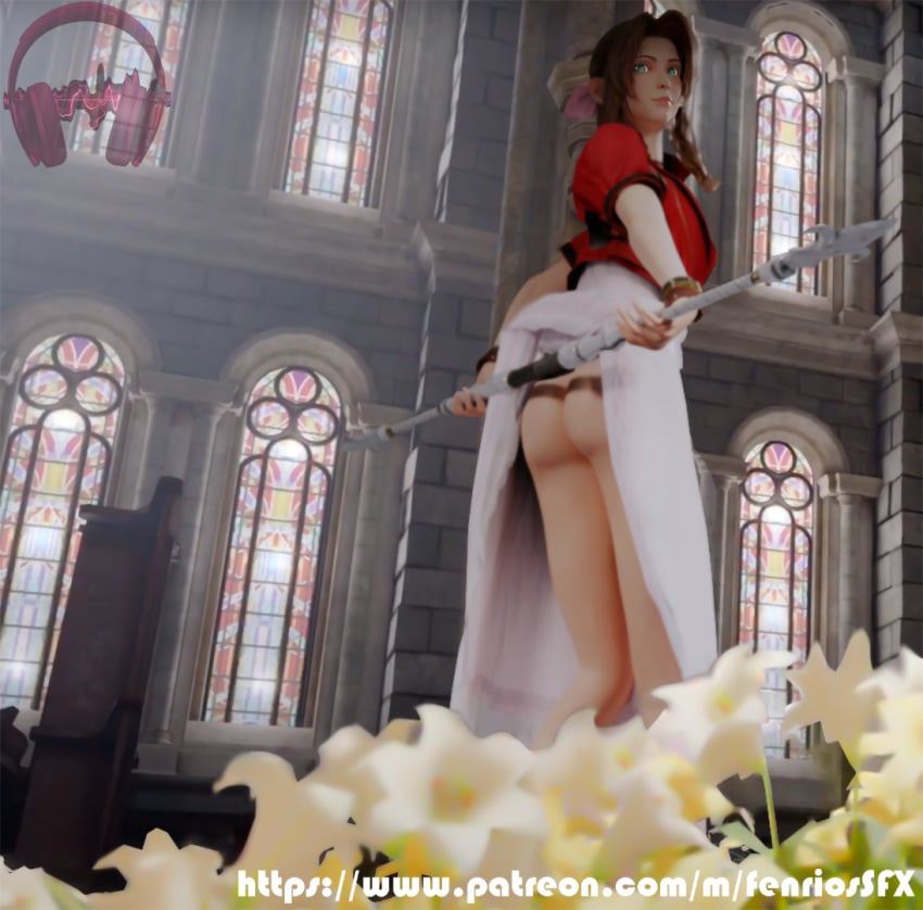 1girls 3d aerith_gainsborough ass bottomless bow brunette butt church fenriossfm final_fantasy final_fantasy_vii flowers legs looking_back patreon ribbon skirt smile smiling staff tagme text thighs url watermark