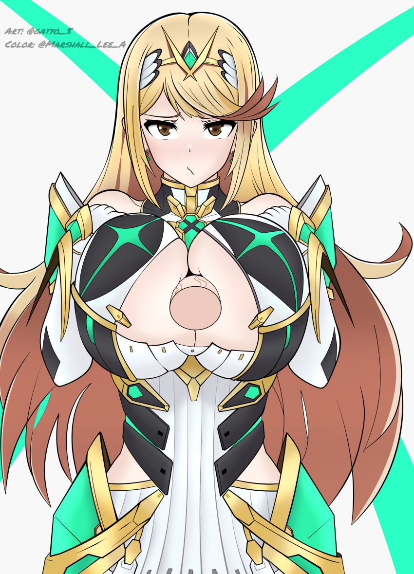 1boy 1girls armor bangs blush breasts cleavage closed_mouth colored disembodied_penis dress earrings female gatyo_5 gem hair_ornament headpiece jewelry large_breasts long_hair looking_at_viewer marshallleea mythra nintendo nipple_slip nipples nude paizuri penis perpendicular_paizuri rex_(xenoblade) simple_background staring swept_bangs tiara very_long_hair xenoblade_(series) xenoblade_chronicles_2