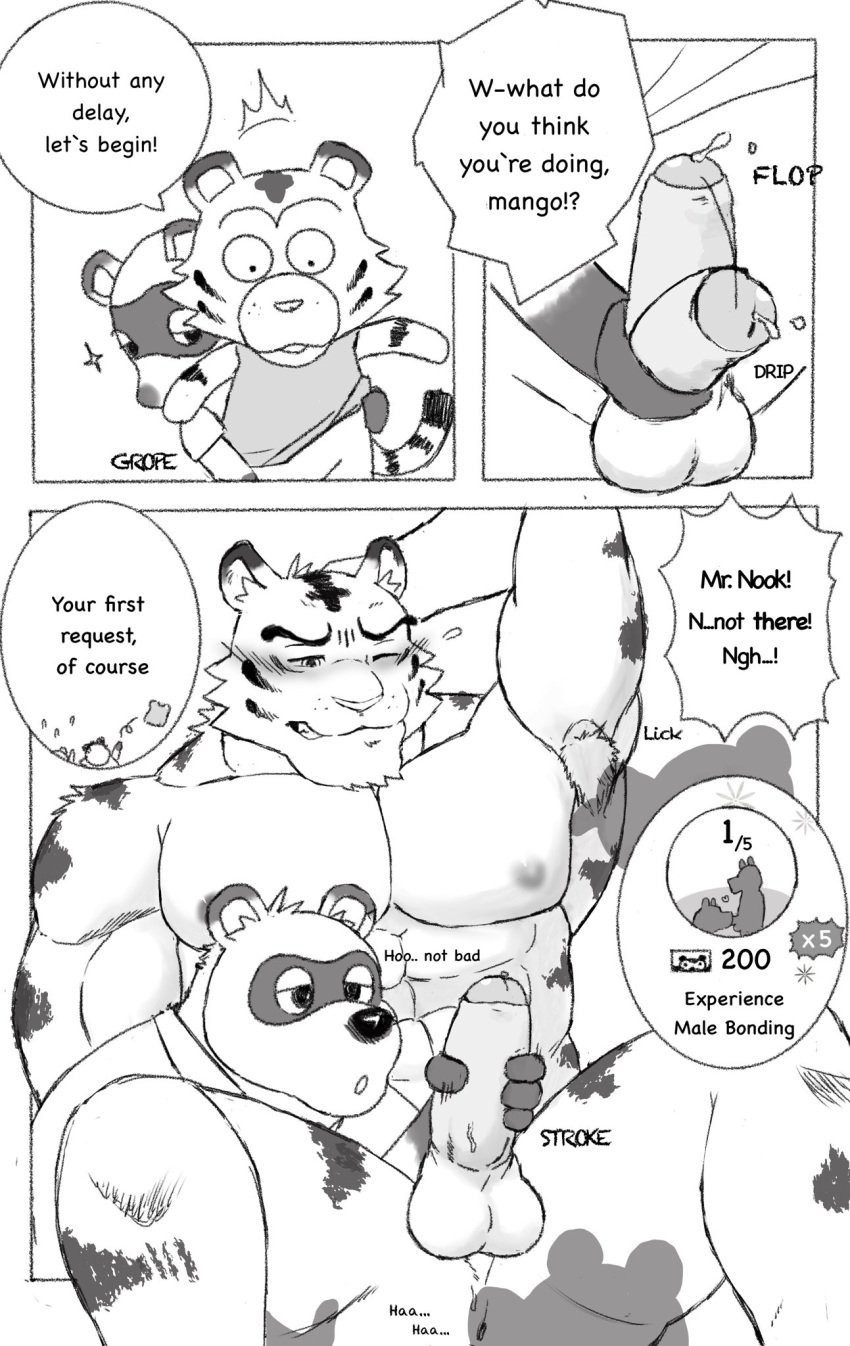 2020 2boys after2 afternoon_(artist) animal_crossing anthro blush canid canine chibi comic english_text erection felid furry gay genitals handjob highres male male_only mammal monochrome muscular nintendo pantherine penile penis raccoon_dog sex shirt tanuki testicles text tiger tom_nook topwear yaoi