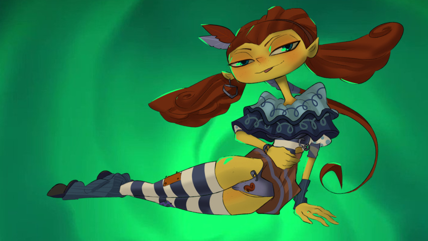 1girls auburn_hair bedroom_eyes blue_eyes clothed clothing_lift earring frazie_aquato highleg highleg_panties legwarmers orange_skin panties posing psychonauts psychonauts_2 shoes skirt_lift solo thighhighs tongue_out