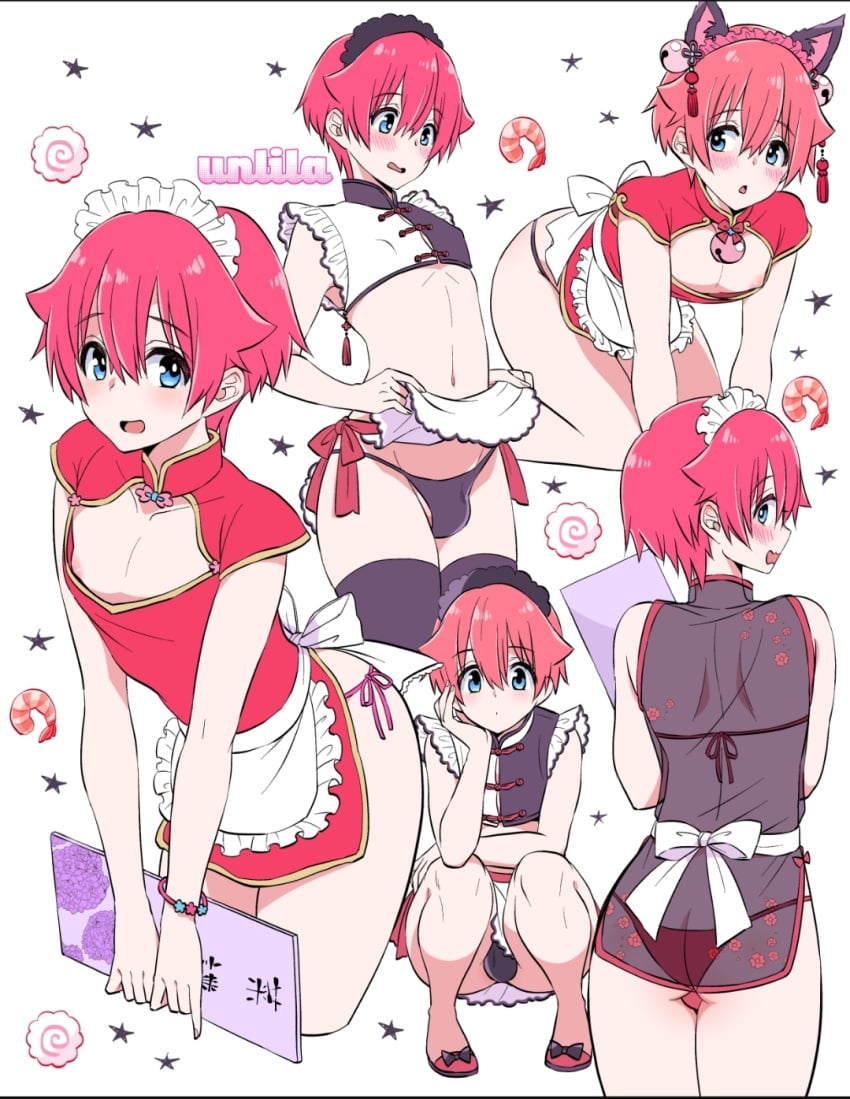 1boy adult_swim arched_back ass_cleavage blue_eyes bracelet bulge butt_crack canon_crossdressing cat_ears crouching femboy girly headdress hibiki_yuuta lifted_by_self lifting lifting_skirt looking_at_viewer looking_back maid male male_only menu nagano_rira nipples panties pantyshot red_hair see-through see-through_clothing smile smiling solo ssss.gridman studio_trigger tagme toonami transparent_clothing trap unlila waitress